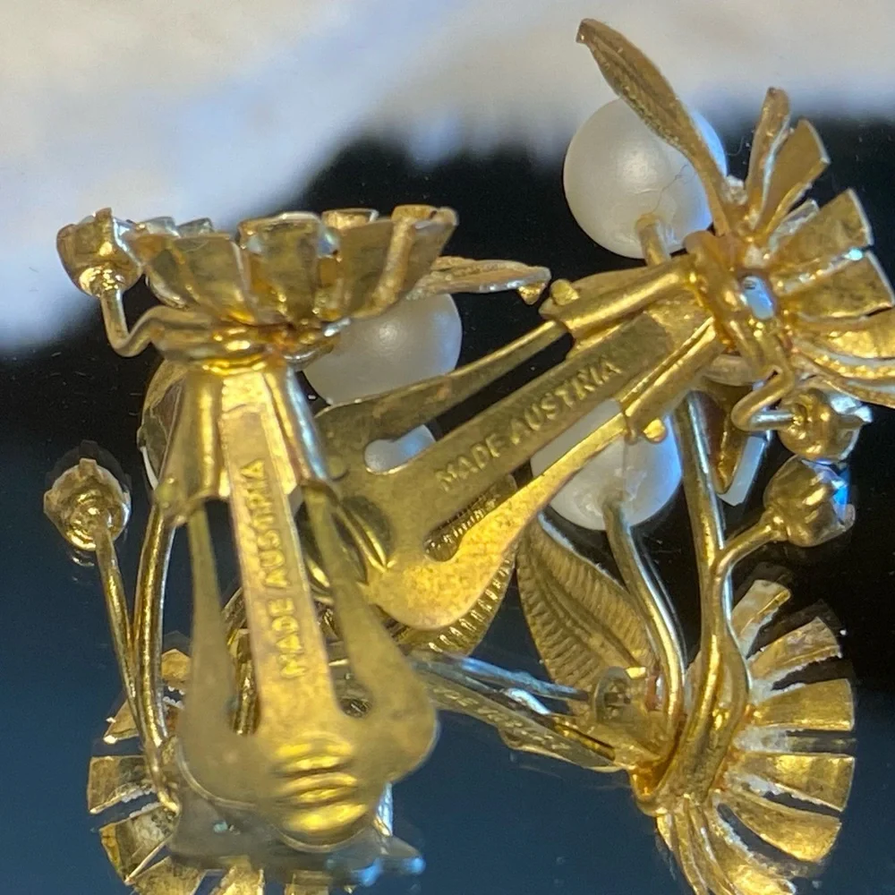 Vintage Austria Gold Tone Clip-on Earrings with Faux Pearl & AB Crystals.